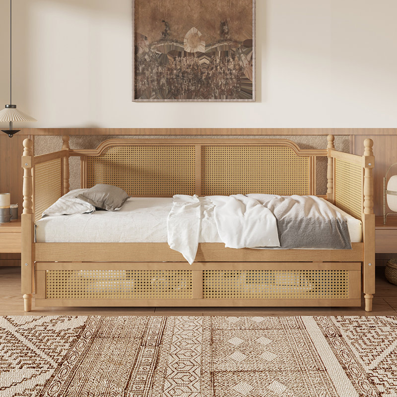 Traditional Style Rattan Daybed with 2 Drawers for Limited Space